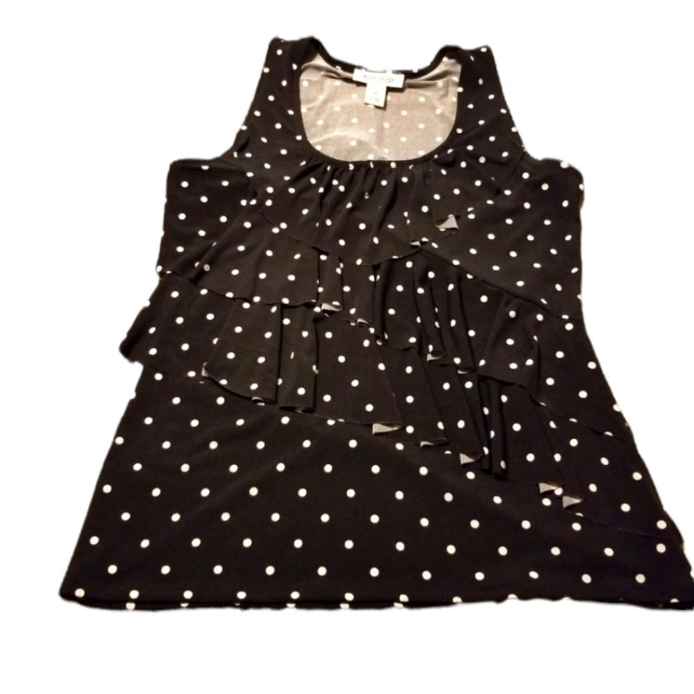 White House Black Top Women Medium Sleeveless Ruffle Polka Dot Summer Festival